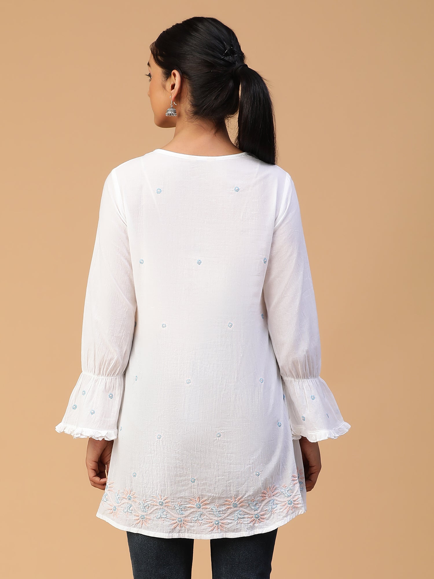 Chikankari Handloom Mulmul Cotton Top with Neck Dori Detailing