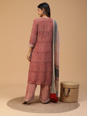 Hand Block Printed Maroon Straight Kurta With Pants And Dupatta Set Blk_001