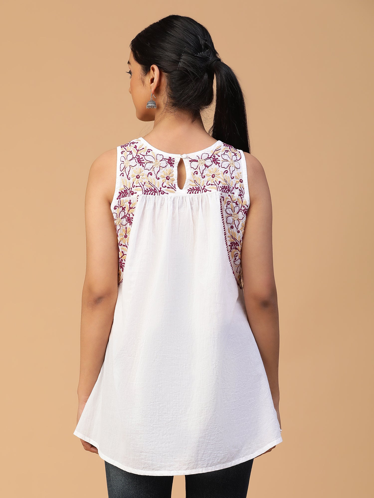 Effortless Chic: Chikankari Handloom Mulmul Cotton Sleeveless Top with Yoke Gather