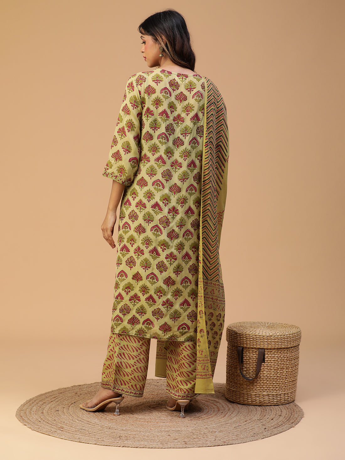 Hand Block Printed Olive Green Straight Kurta With Pants And Dupatta Set Blk_010