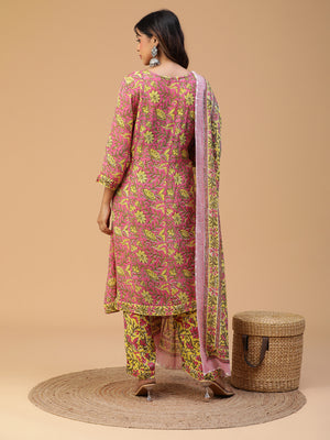 Hand Block Printed Pink A-line Yoke Kurta With Pants and Dupatta Set Blk_004