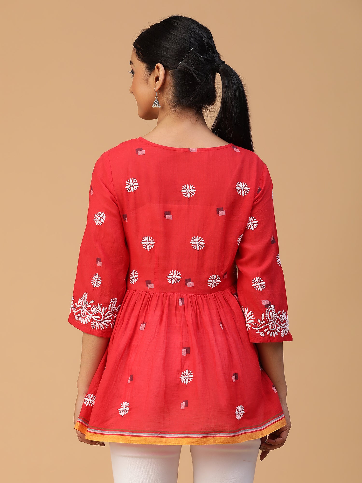 Red Radiance: Chikankari Handloom Jamdani Top