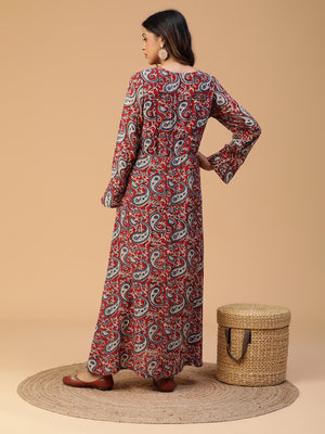 Hand Block Printed Maroon Long Dress  Blk_006