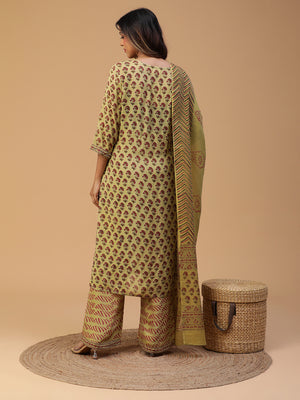 Hand Block Printed White A-line Gathered Kurta With Pants and Dupatta Set Blk_008