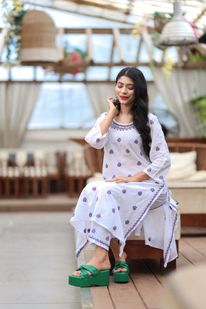 Purple Orchid Ensemble White Cotton Kurta with Straight Pants Set