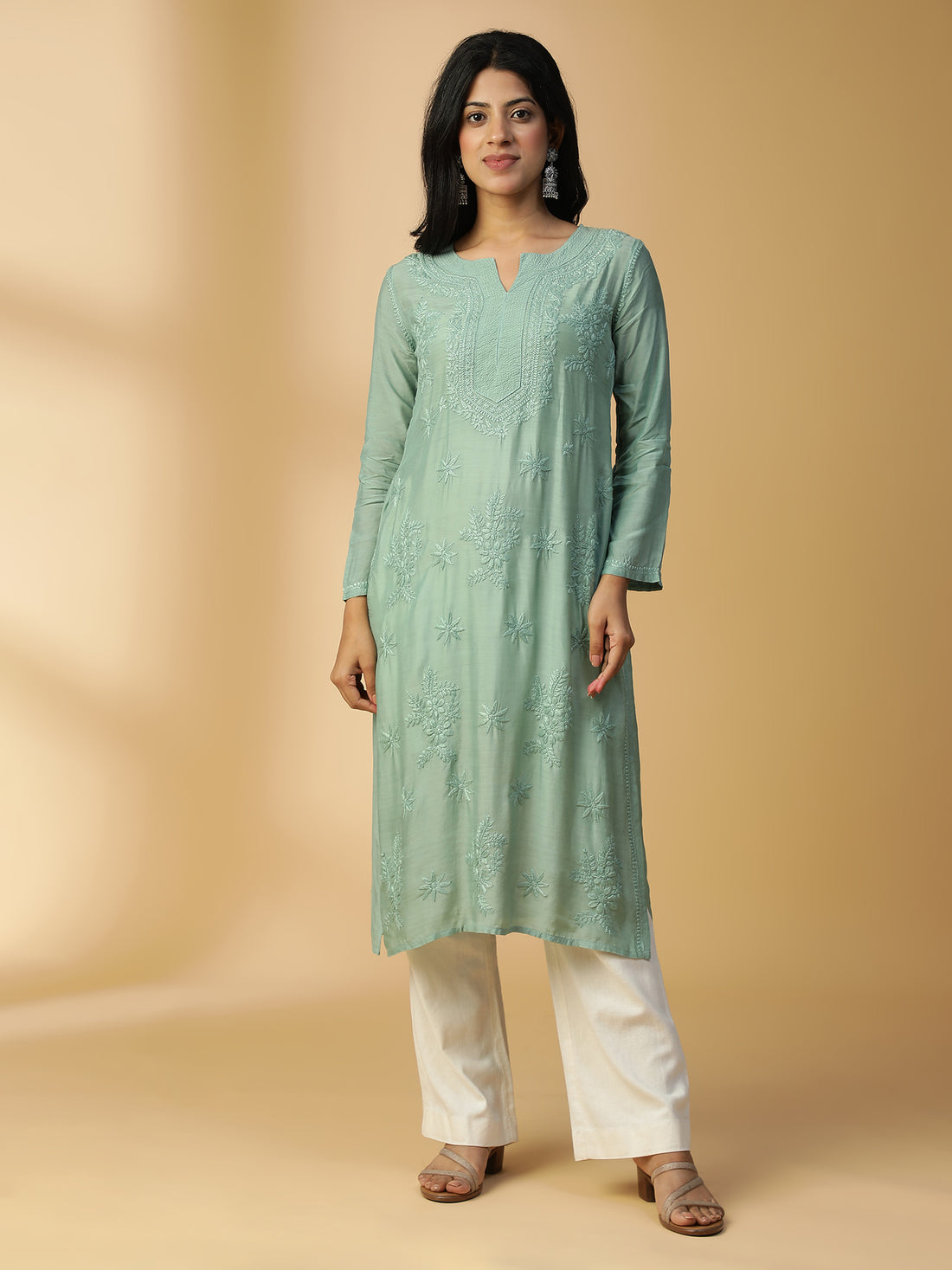 Hand Embroidered Lucknow Chikankari Straight Basil Green Muslin Kurta CH0169