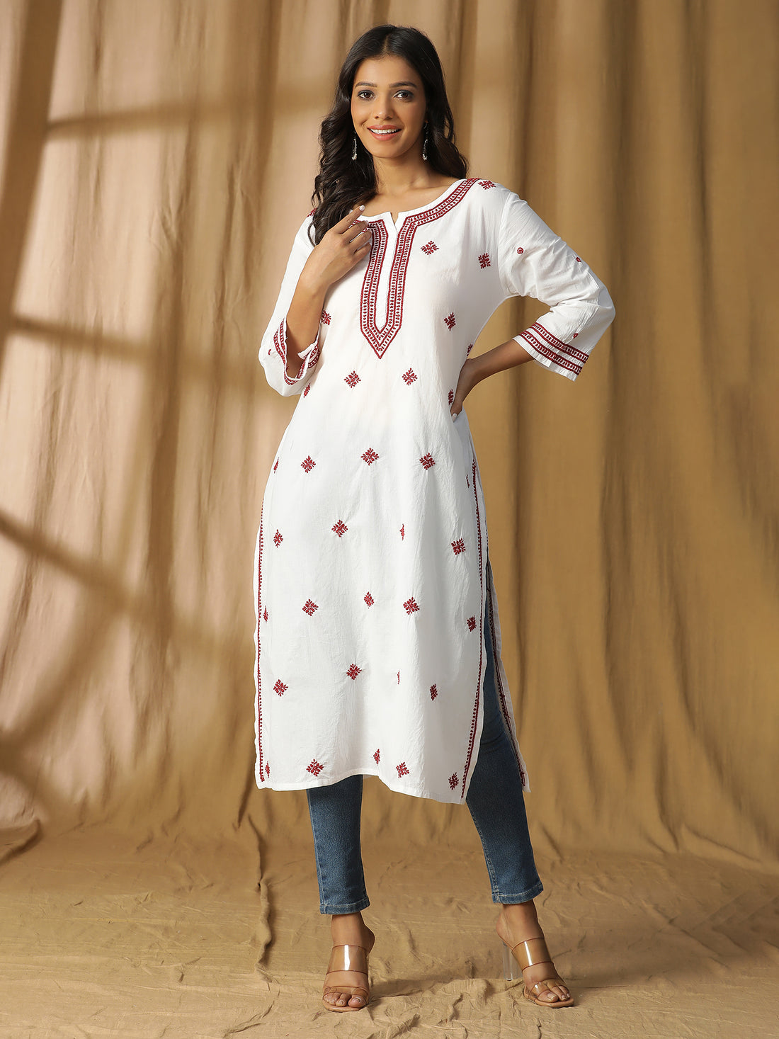 Straight Kurta with Patti Neck Design and Red Chikankari Work