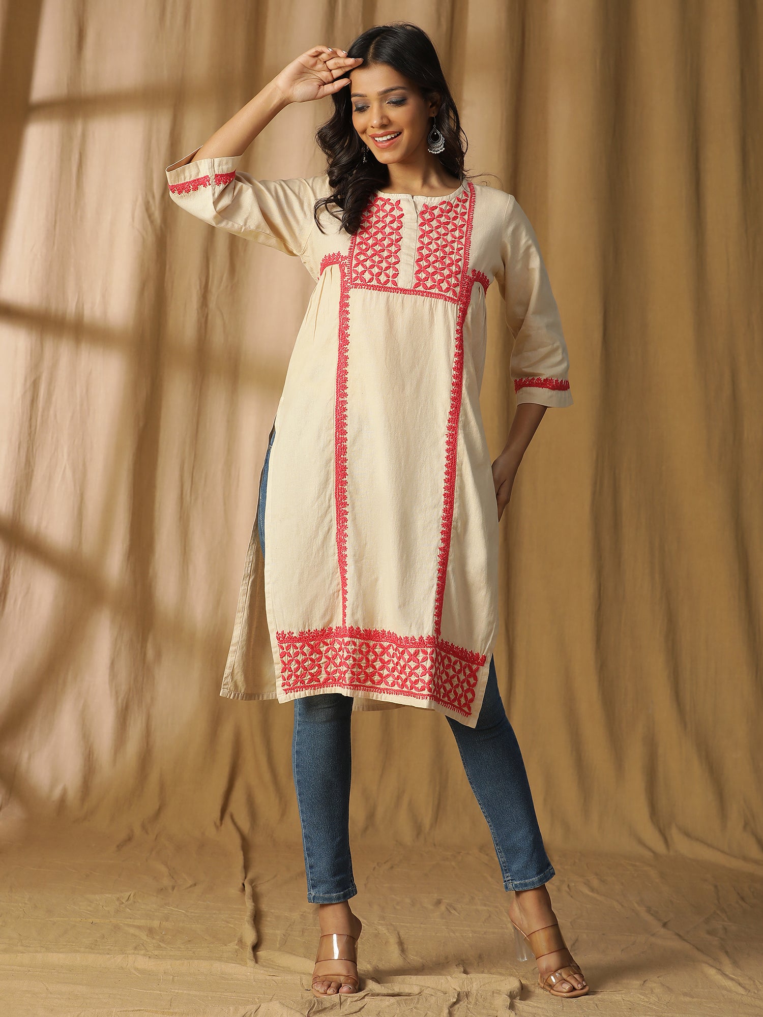 Chikankari Cotton Linen Side Pleats Tunic