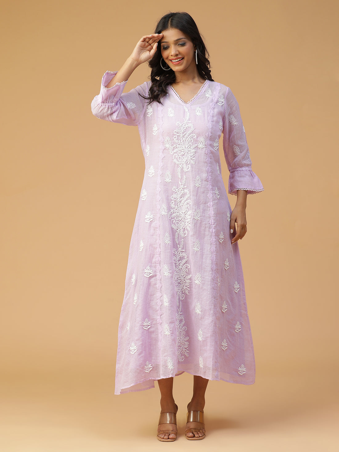 Chikankari A-line Kota Doria kurta with Applique work