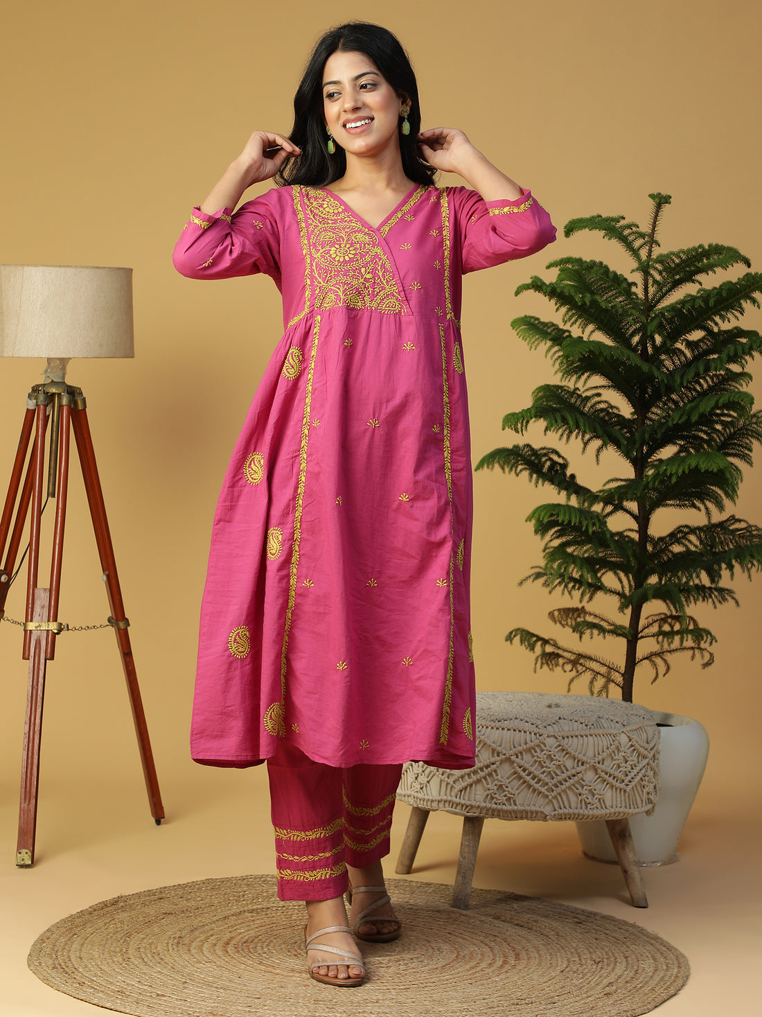 Hand Embroidered Magenta Cotton Lucknowi Chikankari Angrakha Neck Side Gathered Kurta With Pants CH0232