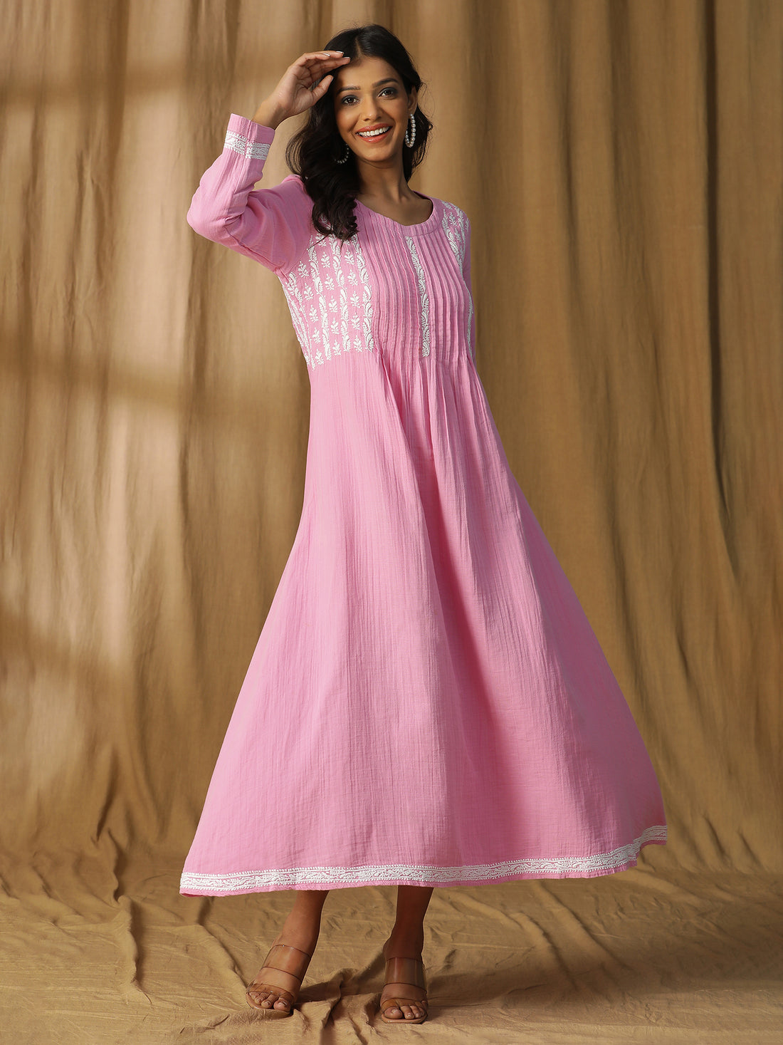 Soft Petal Elegance Chikankari Cotton Long Dress in Pink