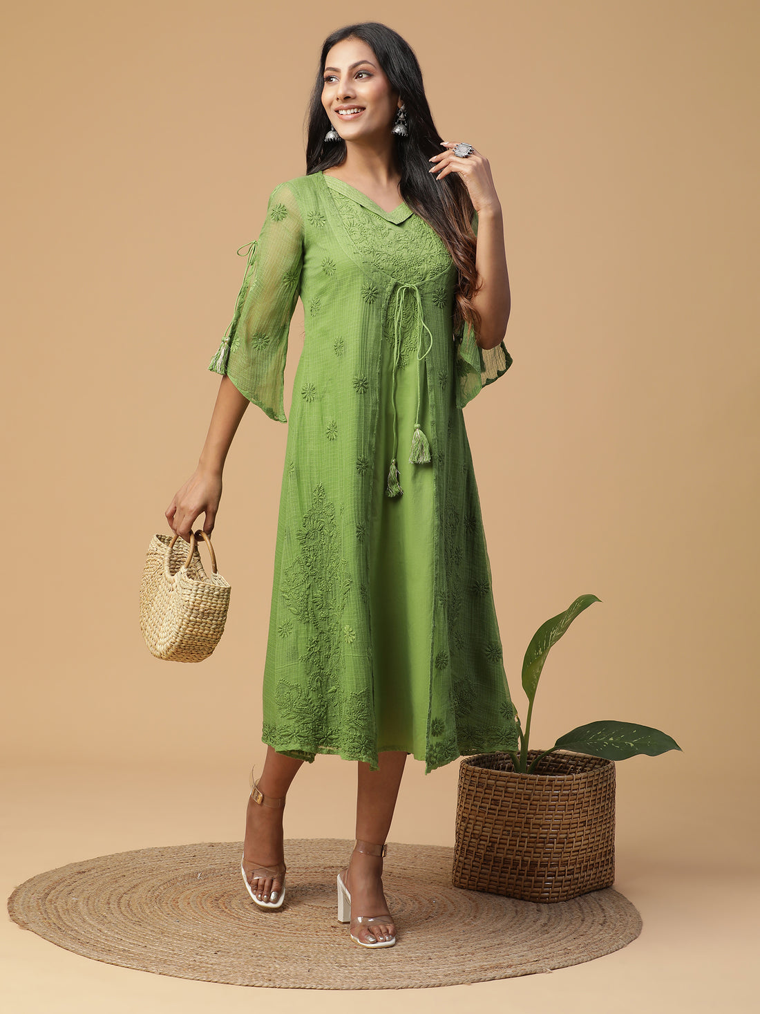 Chikankari cotton green dress with Kota doria attached shrug