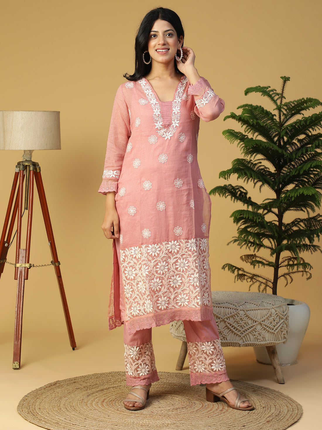 Hand Embroidered Lucknowi Chikankari Straight with Organza Border Kota Kurta With Pants CH0229/0125