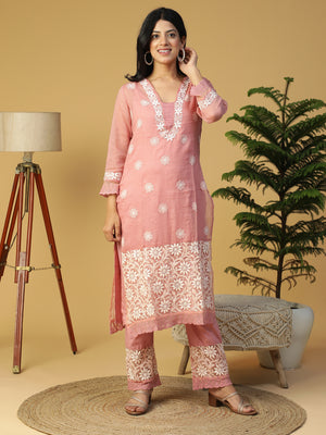 Hand Embroidered Lucknowi Chikankari Straight with Organza Border Kota Kurta With Pants CH0229/0125