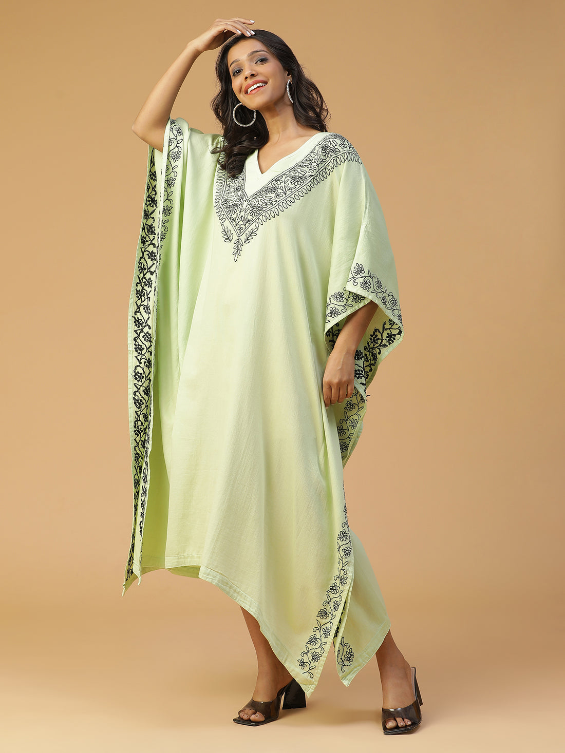 Cotton Chikankari Kaftan in Ghiya Color