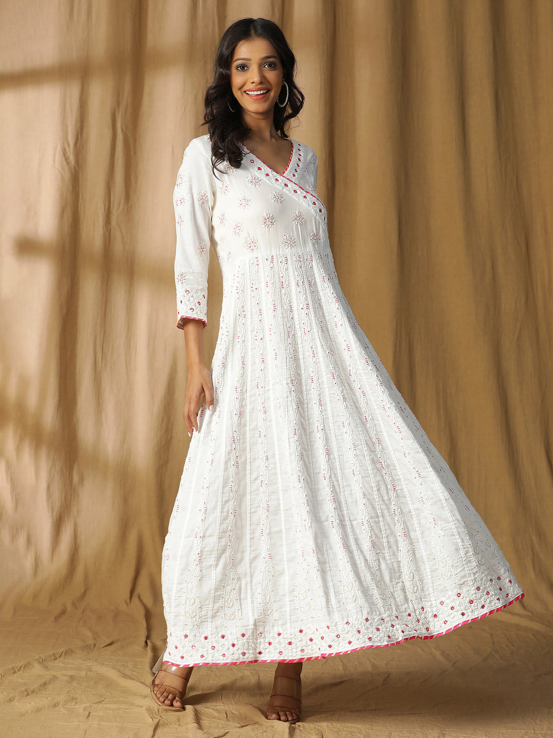 Chikankari cotton long kali kurta with sequence work