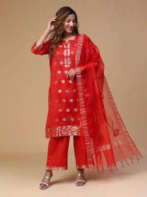 SEMAL HAND EMBROIDERED BANARSI CHANDERI RED COLOUR STRAIGHT KURTA SET