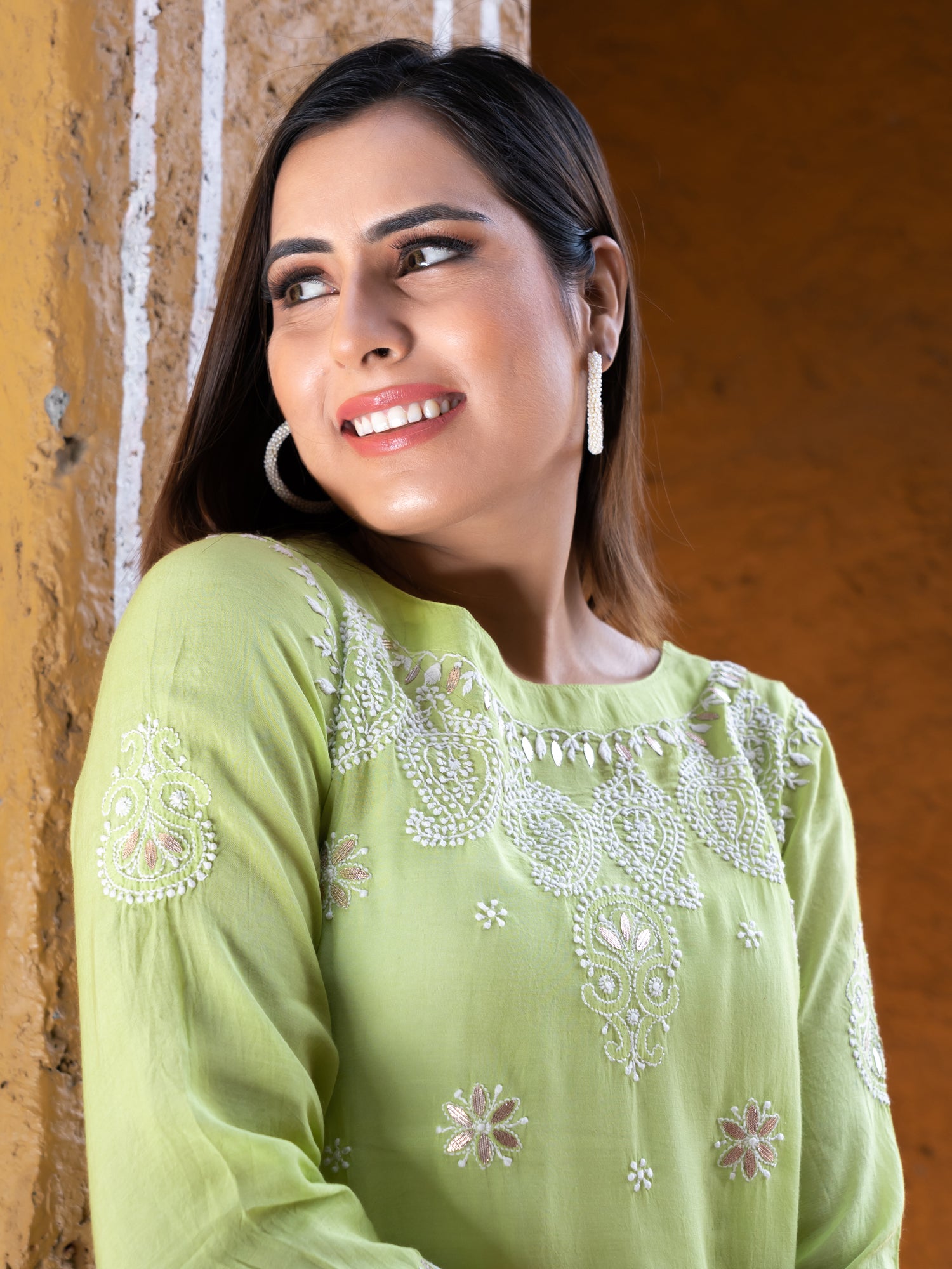 Semal handicrafts Chikankari straight lime green kurta