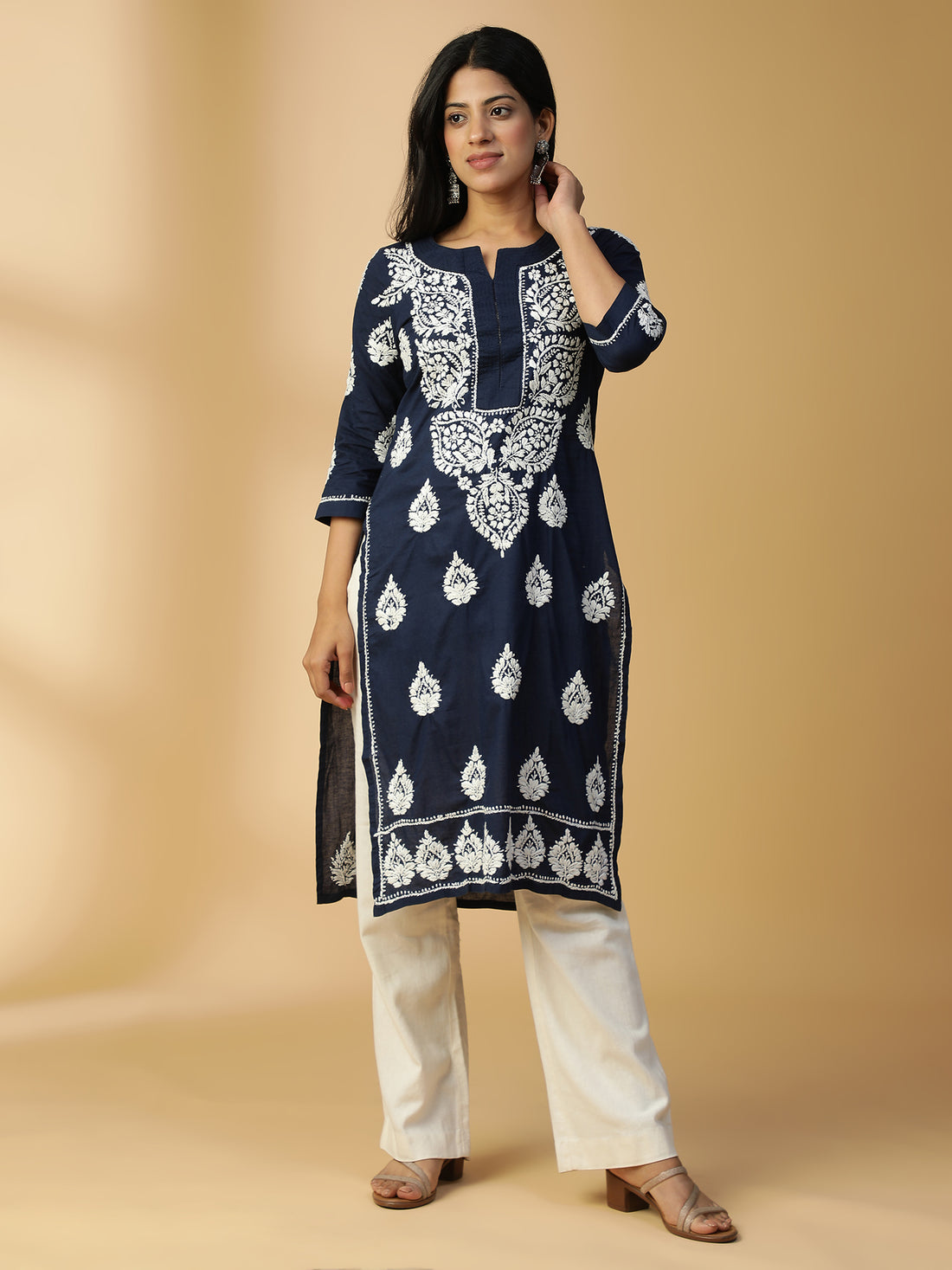 Hand Embroidered Graceful Navy Blue Chikankari Cotton Straight Lucknowi Kurta CH0155