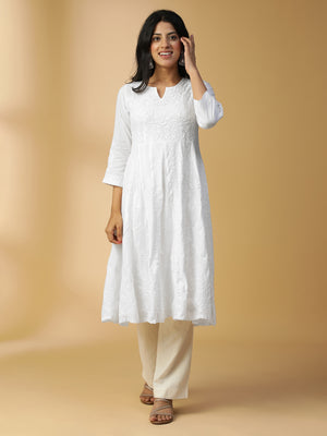 Hand Embroidered Lucknowi Chikankari Cotton Kali White Kurta with Mukaish Work CH0217A