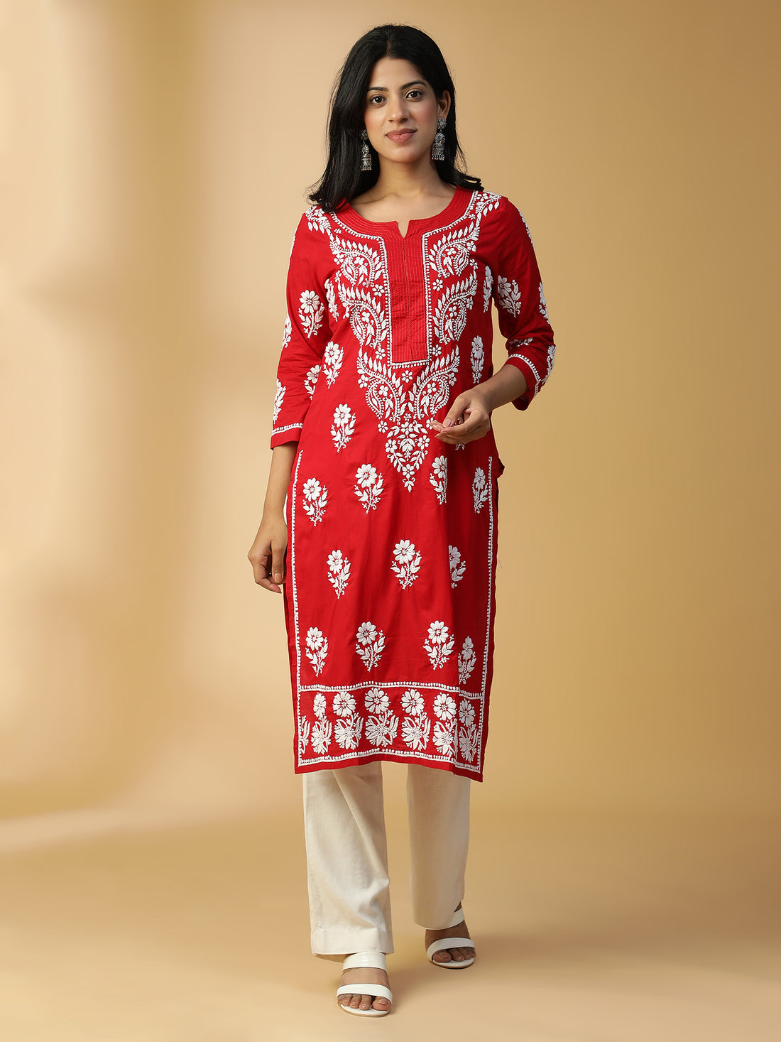 Hand Embroidered Graceful Red Lucknowi Chikankari Cotton Straight Kurta CH0154