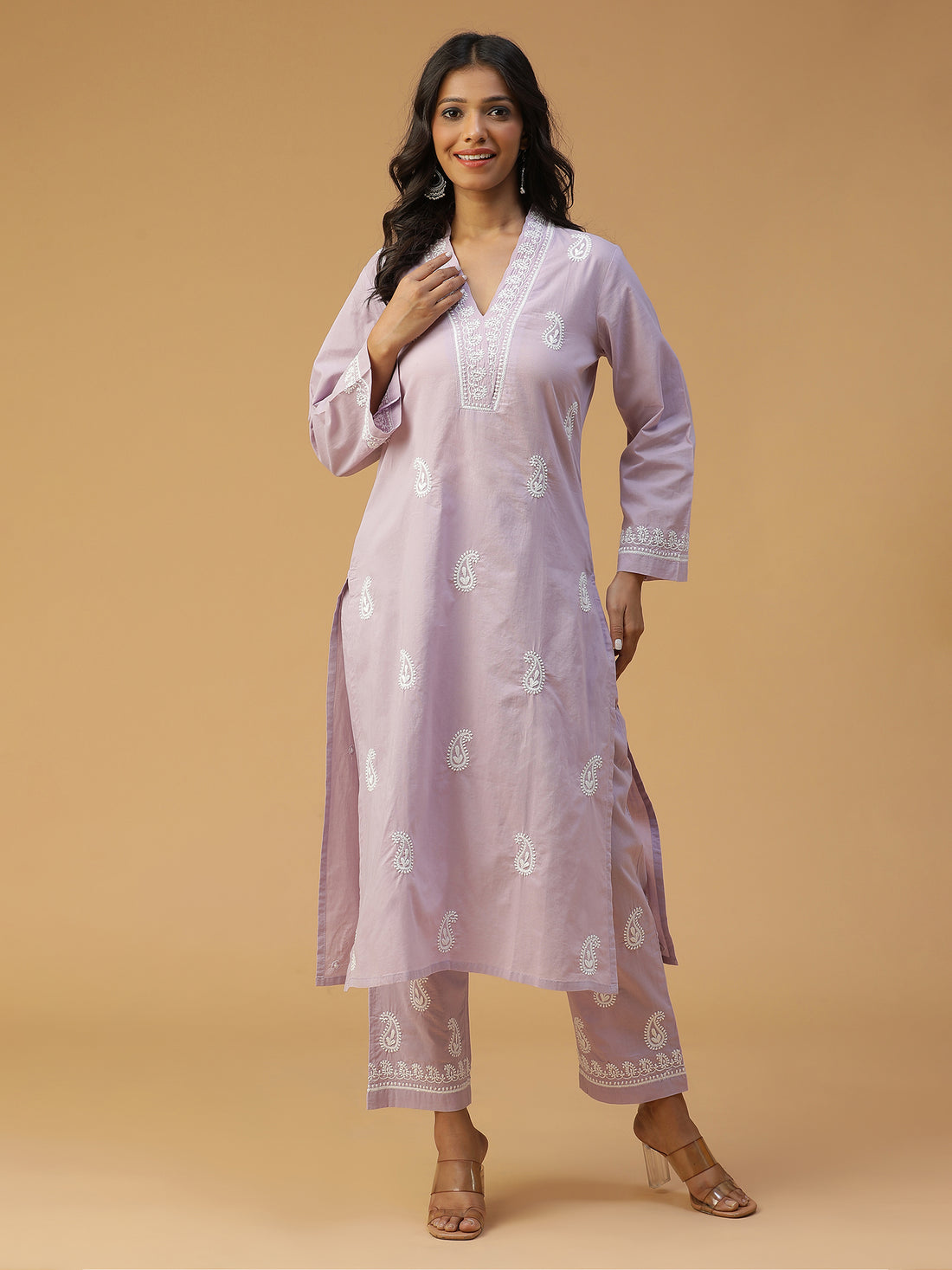 Lavender Bliss Comfortable Cotton Overlap V-Neck Chikankari Kurta Set