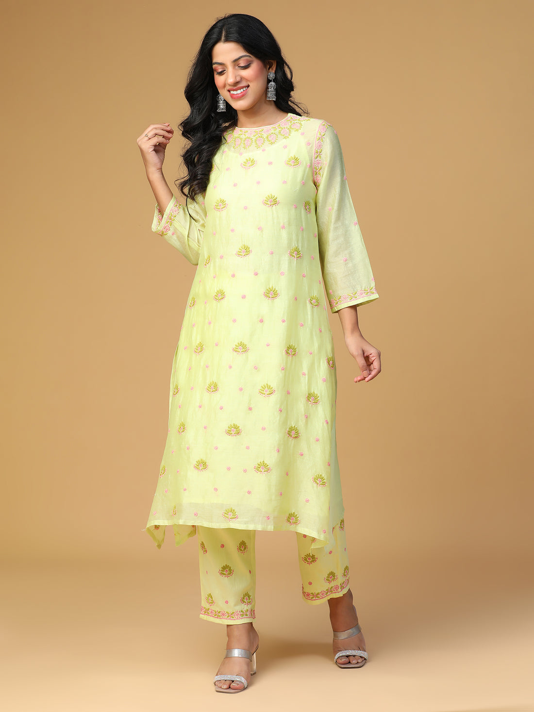 Semal Hand Embroidered Chanderi Pishta Green Lucknow Chikankari Straight Kurta Set