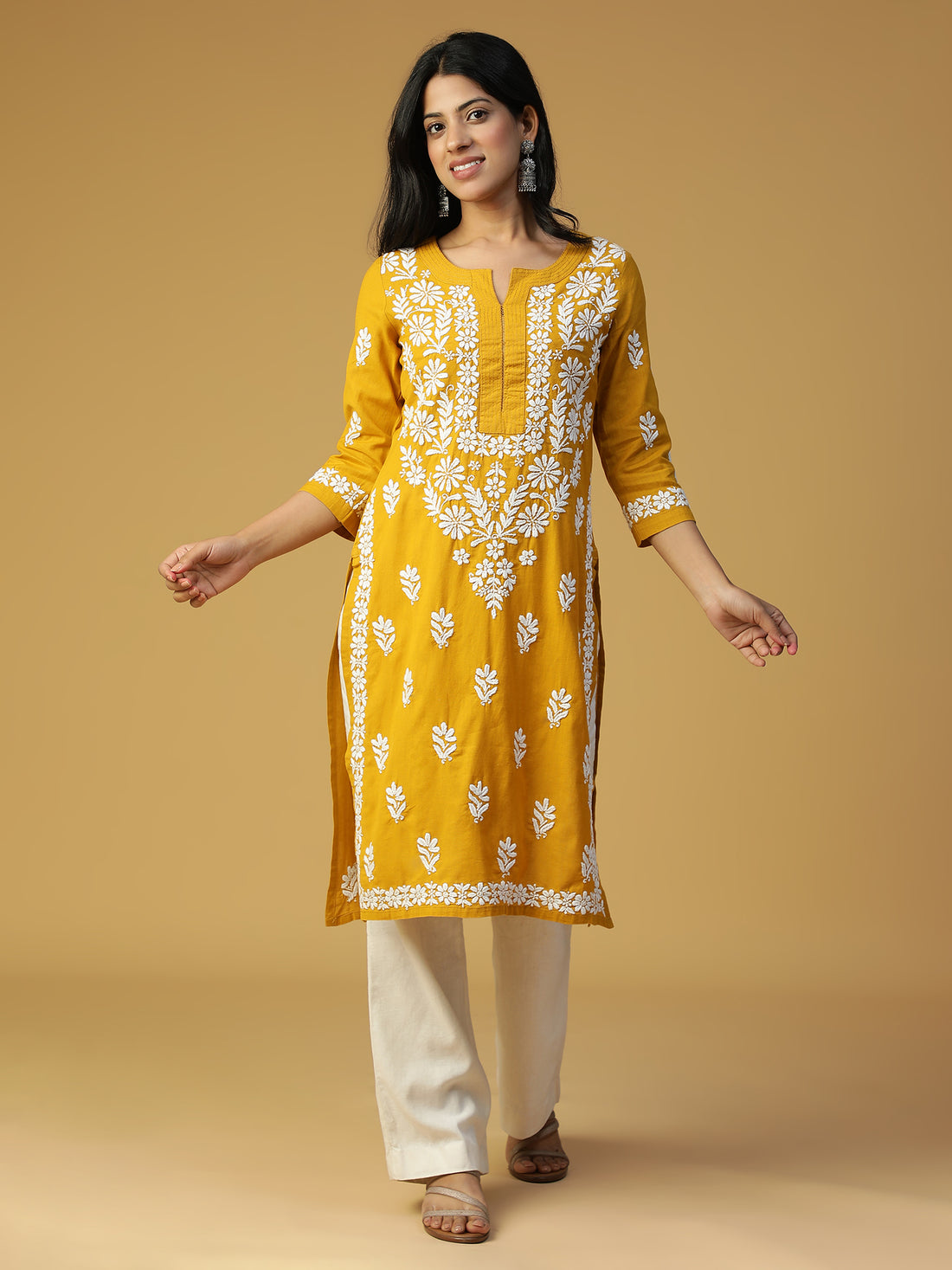 HAND EMBROIDERED MUSTARD COTTON LUCKNOWI CHIKANKARI STRAIGHT KURTA CH0153