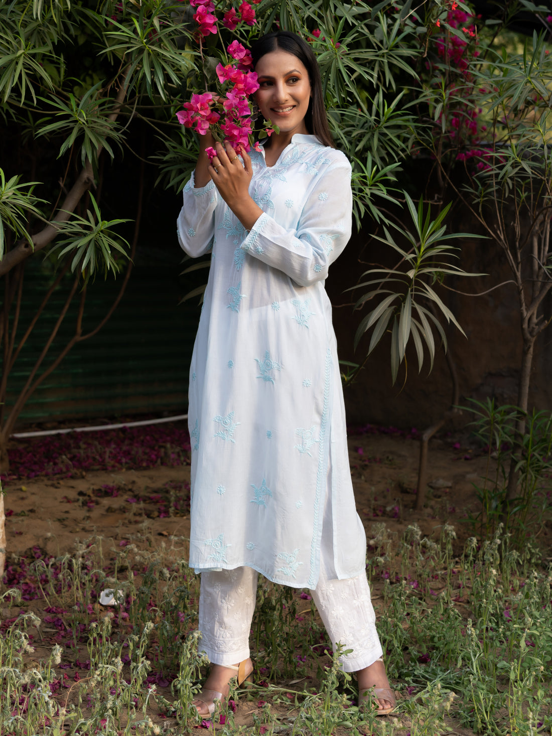 Semal handicrafts Chikankari straight baby blue kurta