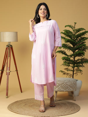 Hand Embroidered Levender Cotton Lucknowi Chikankari Yoke Design Kurta With Pants CH0245