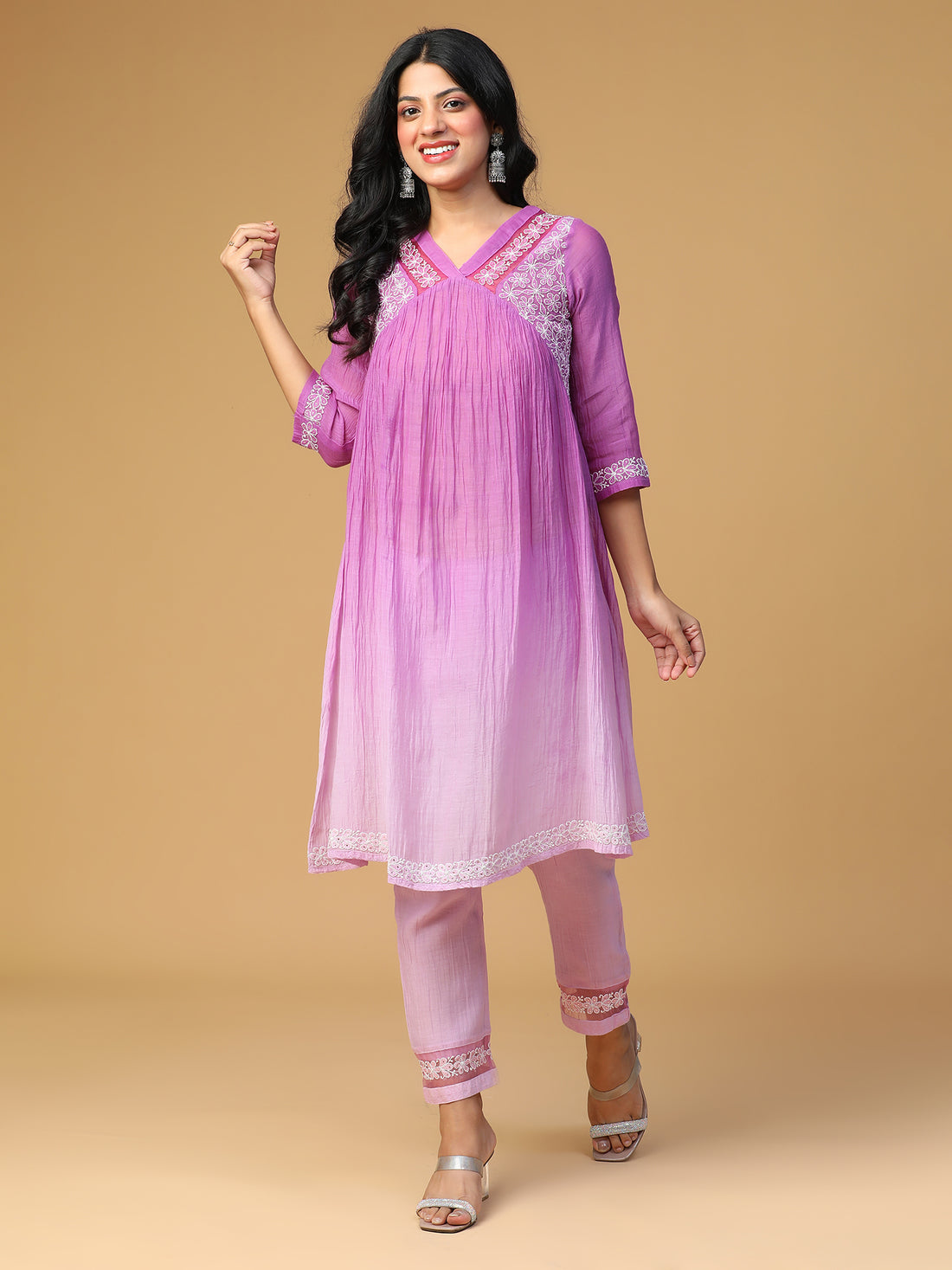 Mul Chanderi yoke gathered organza lace detailing purple chikankari work kurta set