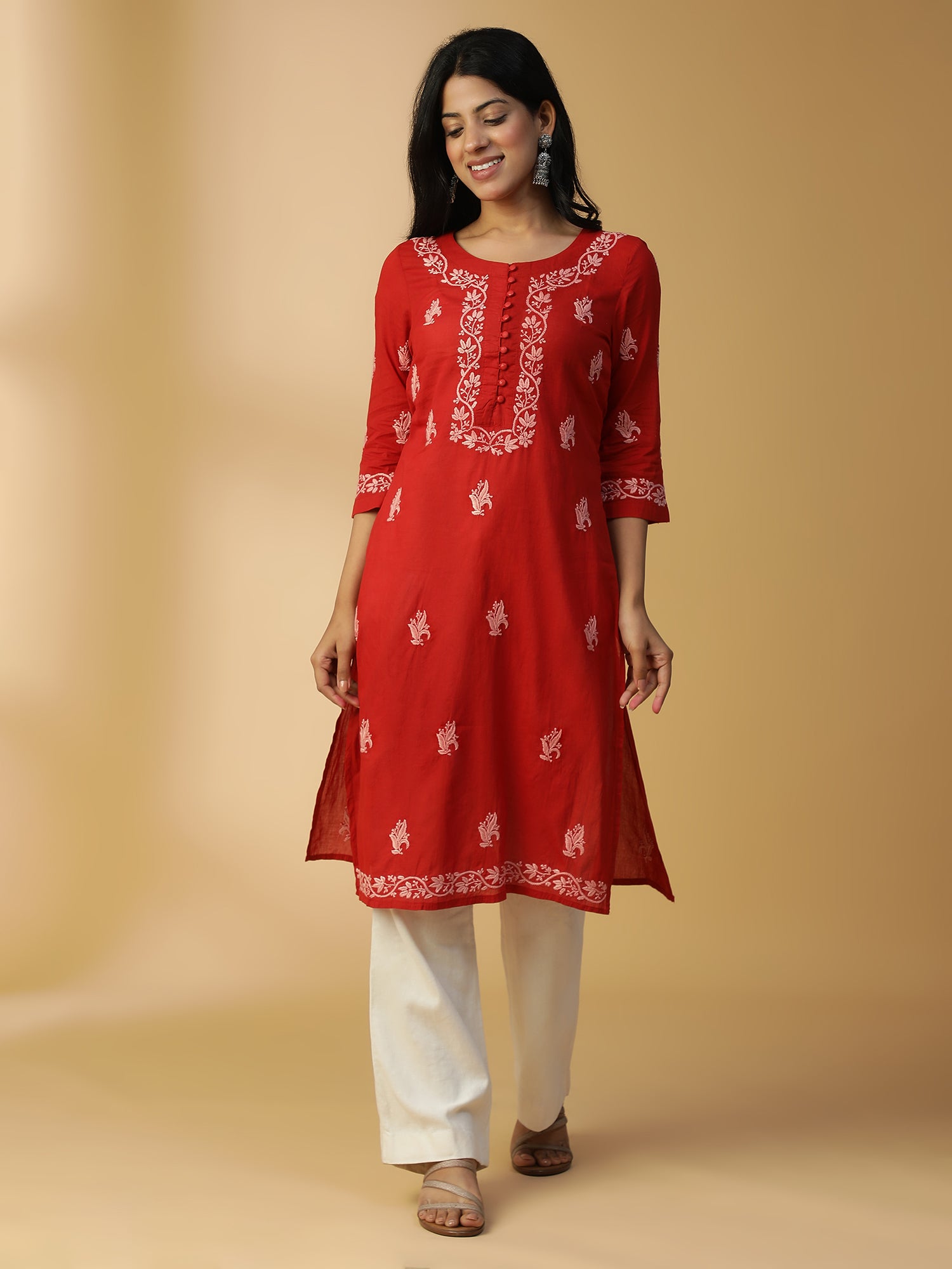 Hand Embroidered Lucknowi Chikankari Cotton Red Straight Kurta CH0002B