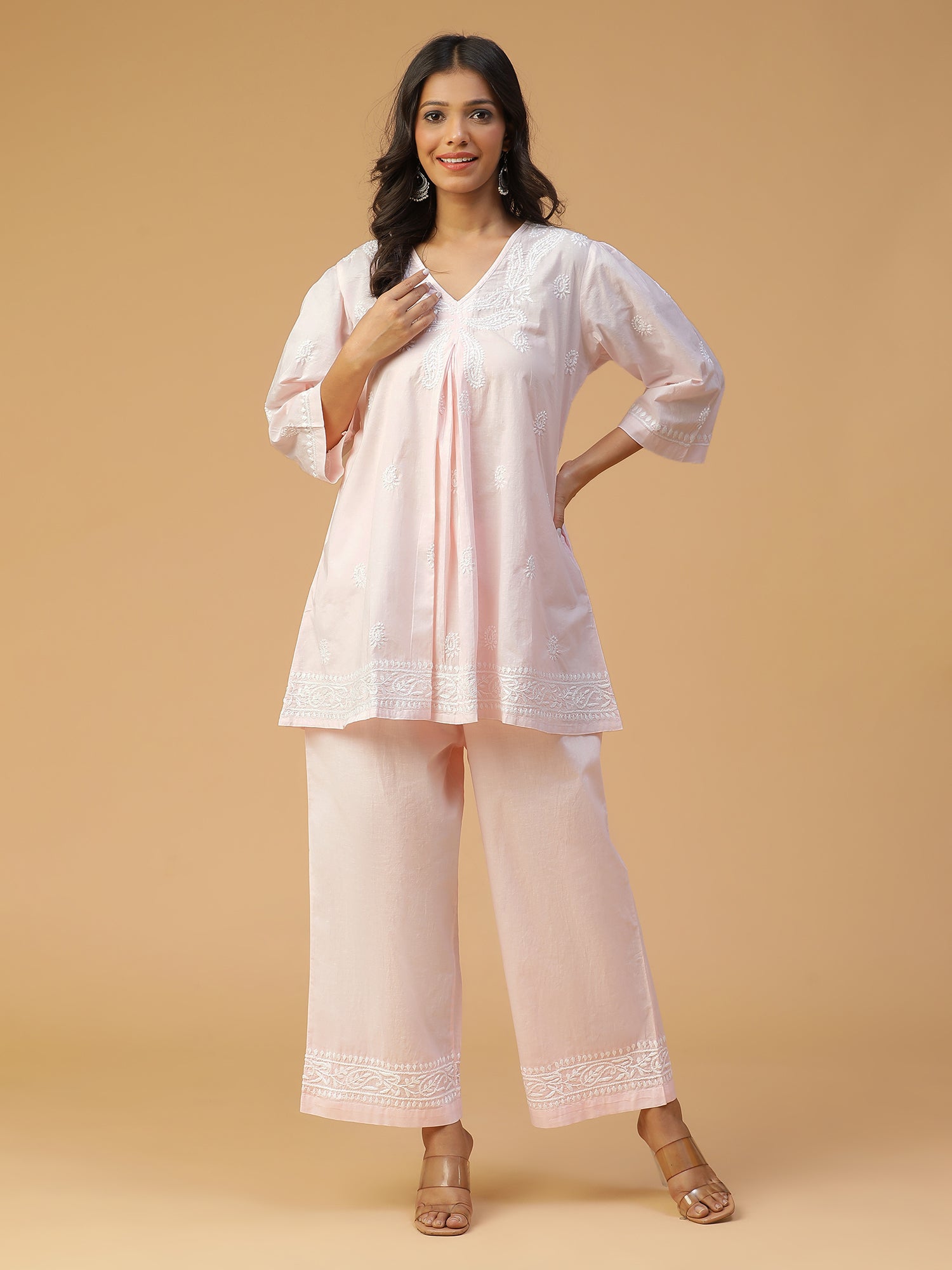 CHIKANKARI COTTON CO-ORD SET WITH BACK BOX-PLEATED TOP