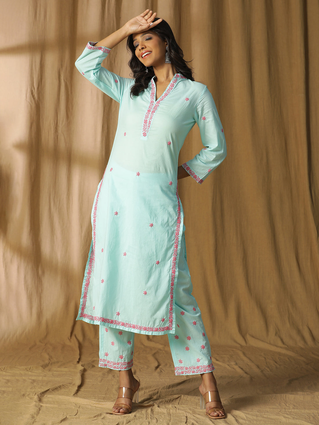 Overlap V-Neck and Straight Kurta Set in Soft Blue with Pink Chikankari