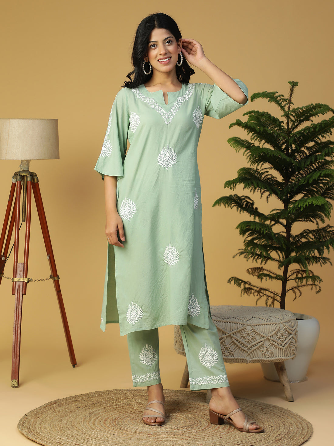 Hand Embroidered Basil Green Cotton Lucknowi Chikankari Yoke Design Kurta With Pants CH0247