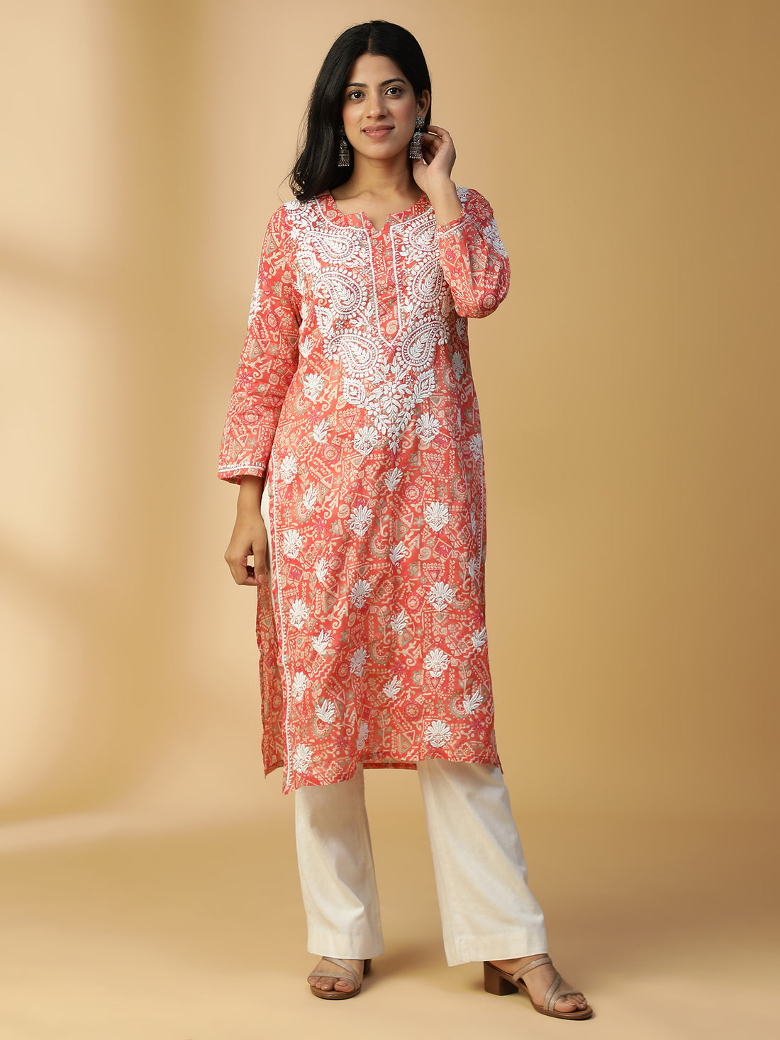 HAND EMBROIDERED ROSE PINK COTTON LUCKNOWI CHIKANKARI PRINTED KURTA CH0157