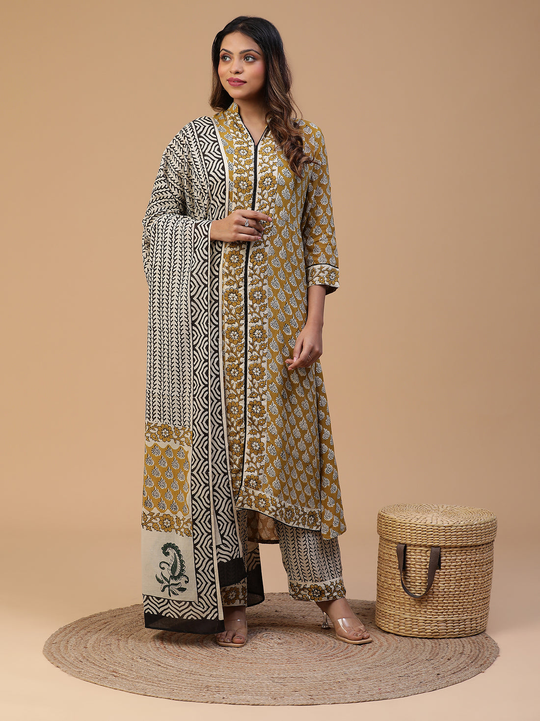 Hand Block Printed Olive Green Straight Front Slit Kurta With Pants and Dupatta Set Blk_009