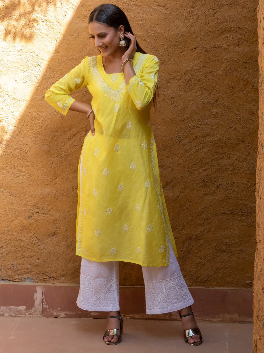 Semal handicrafts Lucknow Chikankari straight yellow kurta