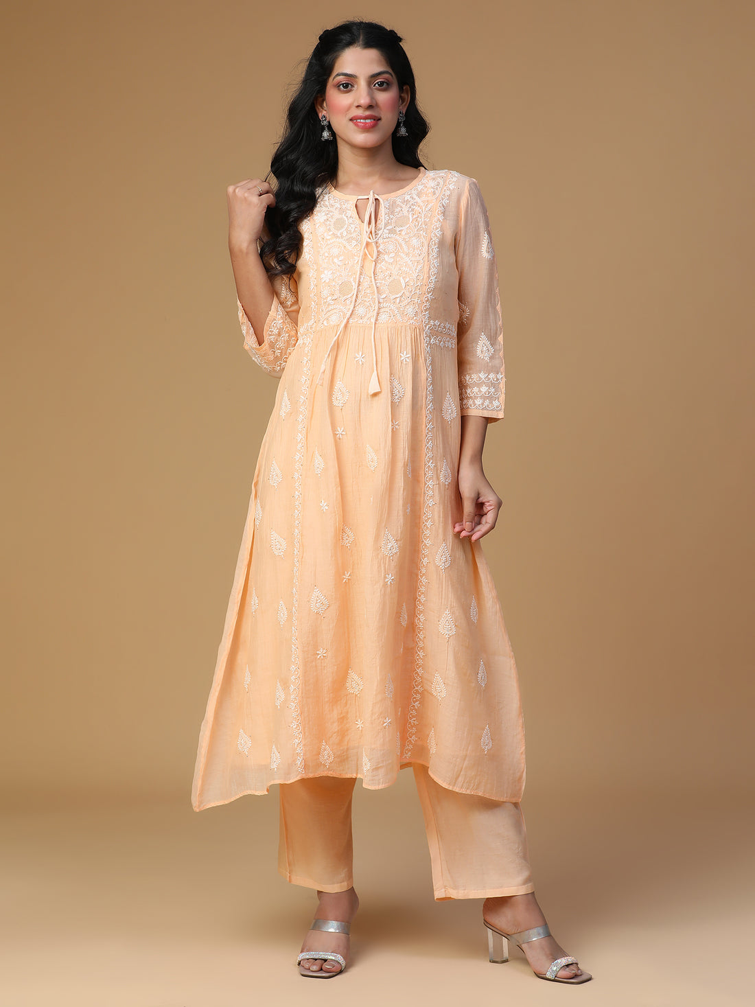 Semal Hand Embroidered Peach Glow Festive Mul Chanderi Chikankari Kurta Set