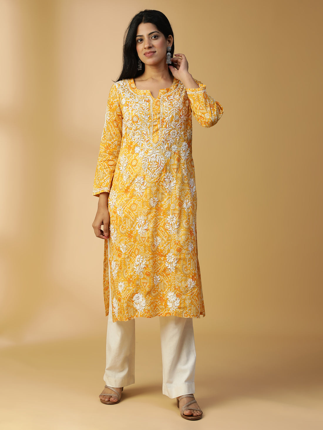 HAND EMBROIDERED GOLD YELLLOW COTTON LUCKNOWI CHIKANKARI PRINTED KURTA CH0156