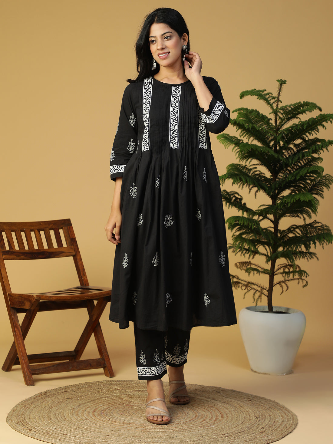 Hand Embroidered Lucknowi Chikankari Black Cotton Pintuck Kurta With Pants Set CH0233