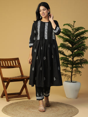 Hand Embroidered Lucknowi Chikankari Black Cotton Pintuck Kurta With Pants Set CH0233