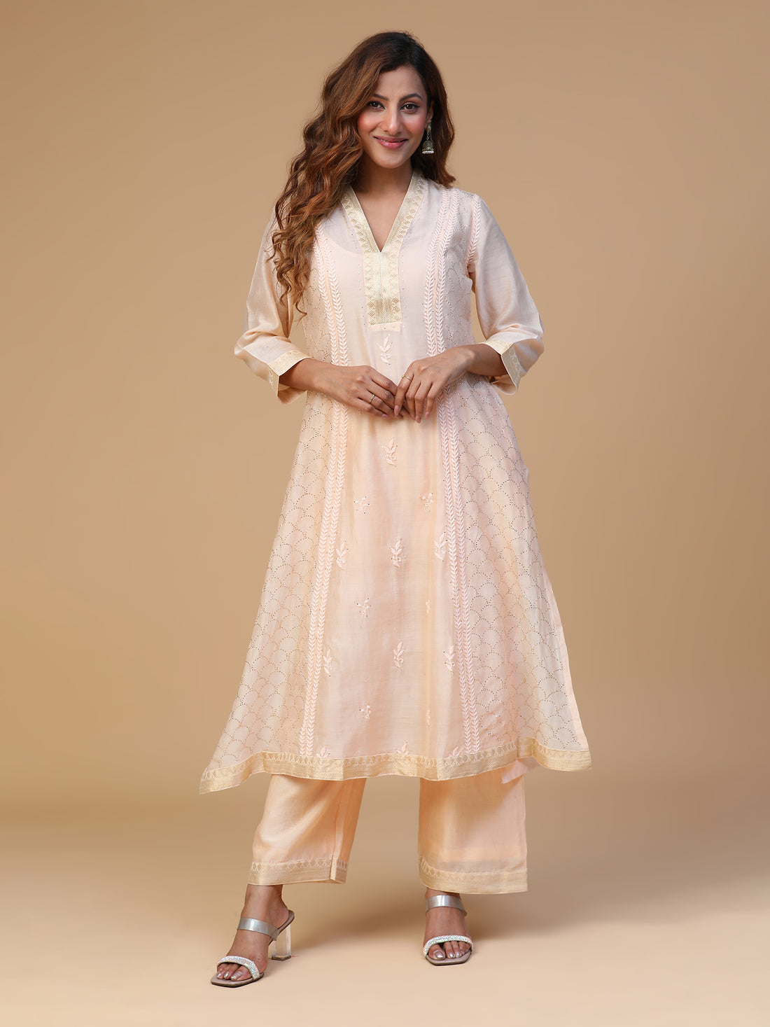 Chikankari Chanderi Kurta Set with Mukaish Embroidery Work