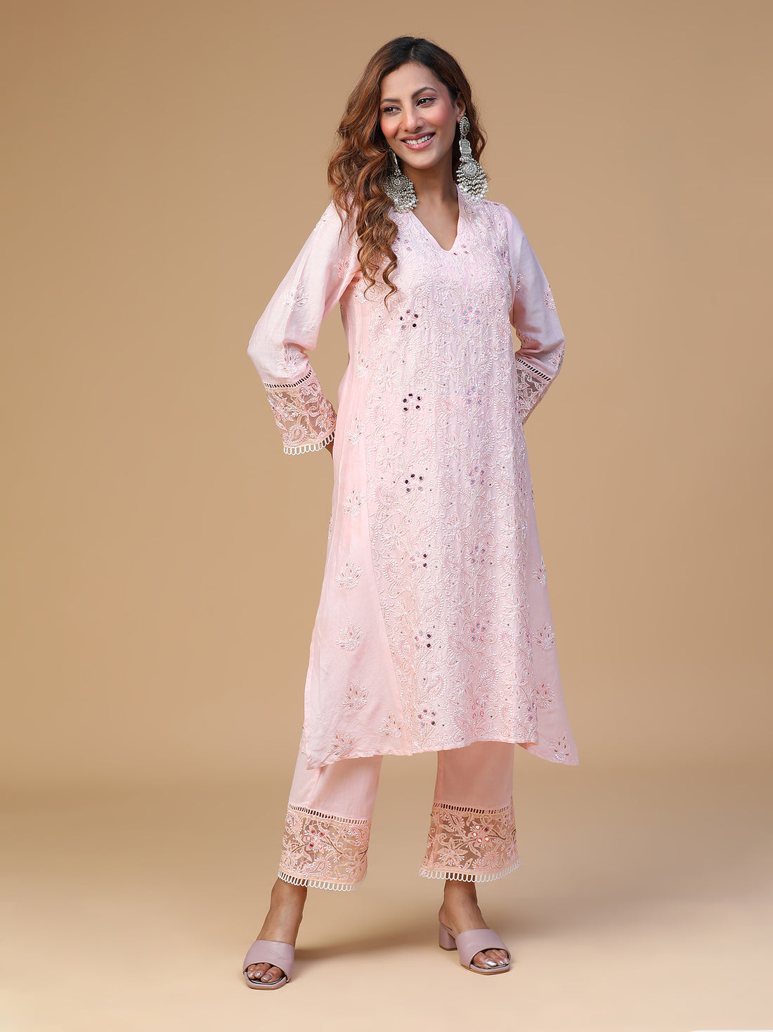 Semal Hand Embroidered Baby pink Chanderi V-Neck with Organza Border Lucknowi Chikankari Kurta Set CH0062