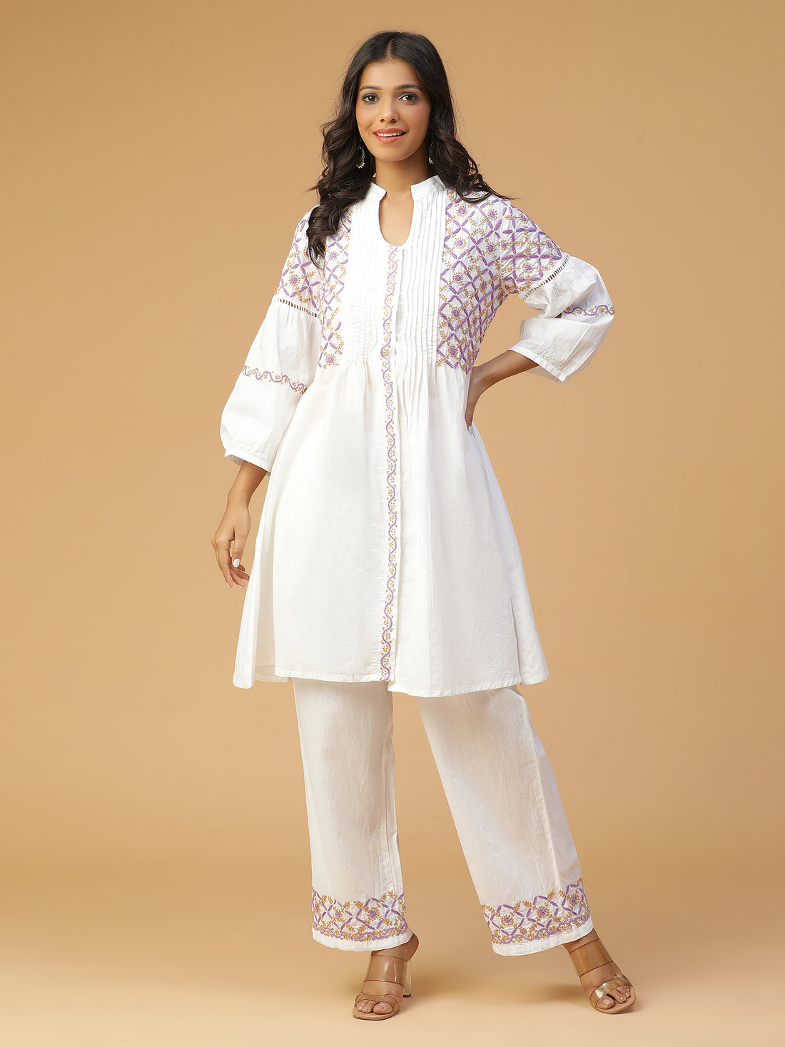 Chikankari front open kurta with jaali lace Detailing Co-Ord Set