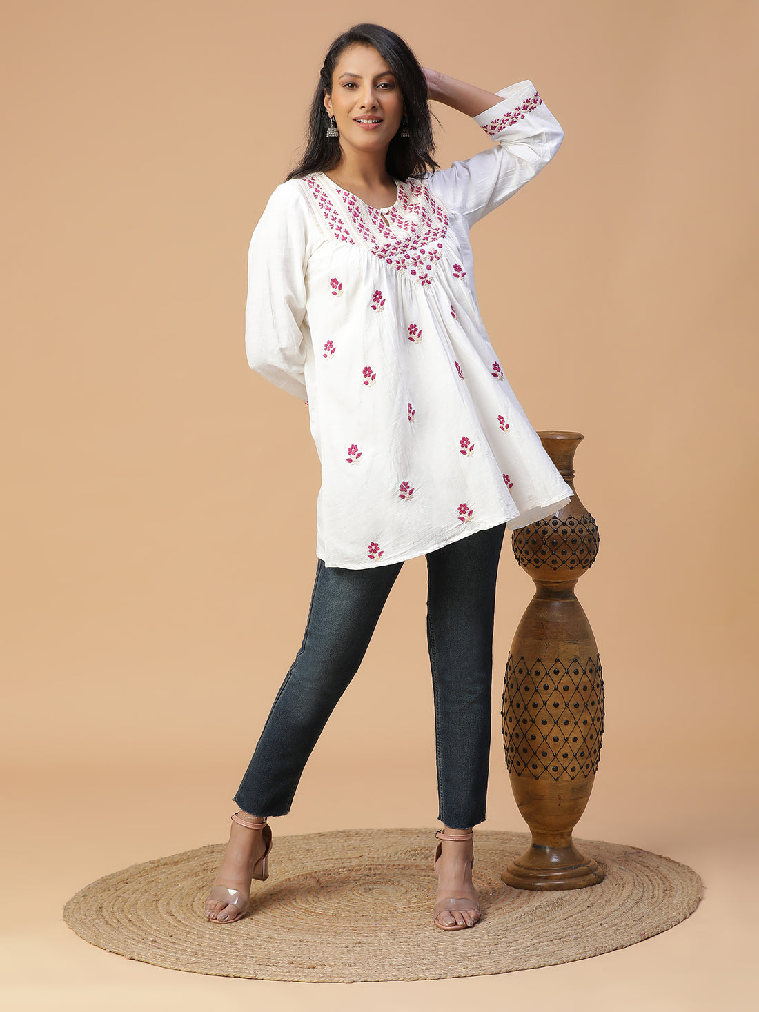 Chikankari cotton linen round neck with loop button V-yoke gather top