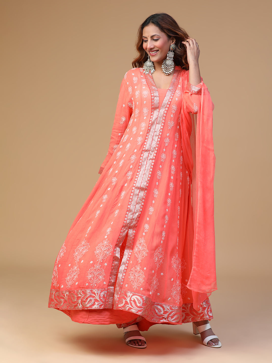 CHIKANKARI GEORGETTE PEACH KALI KURTA WITH DUPATTA SET