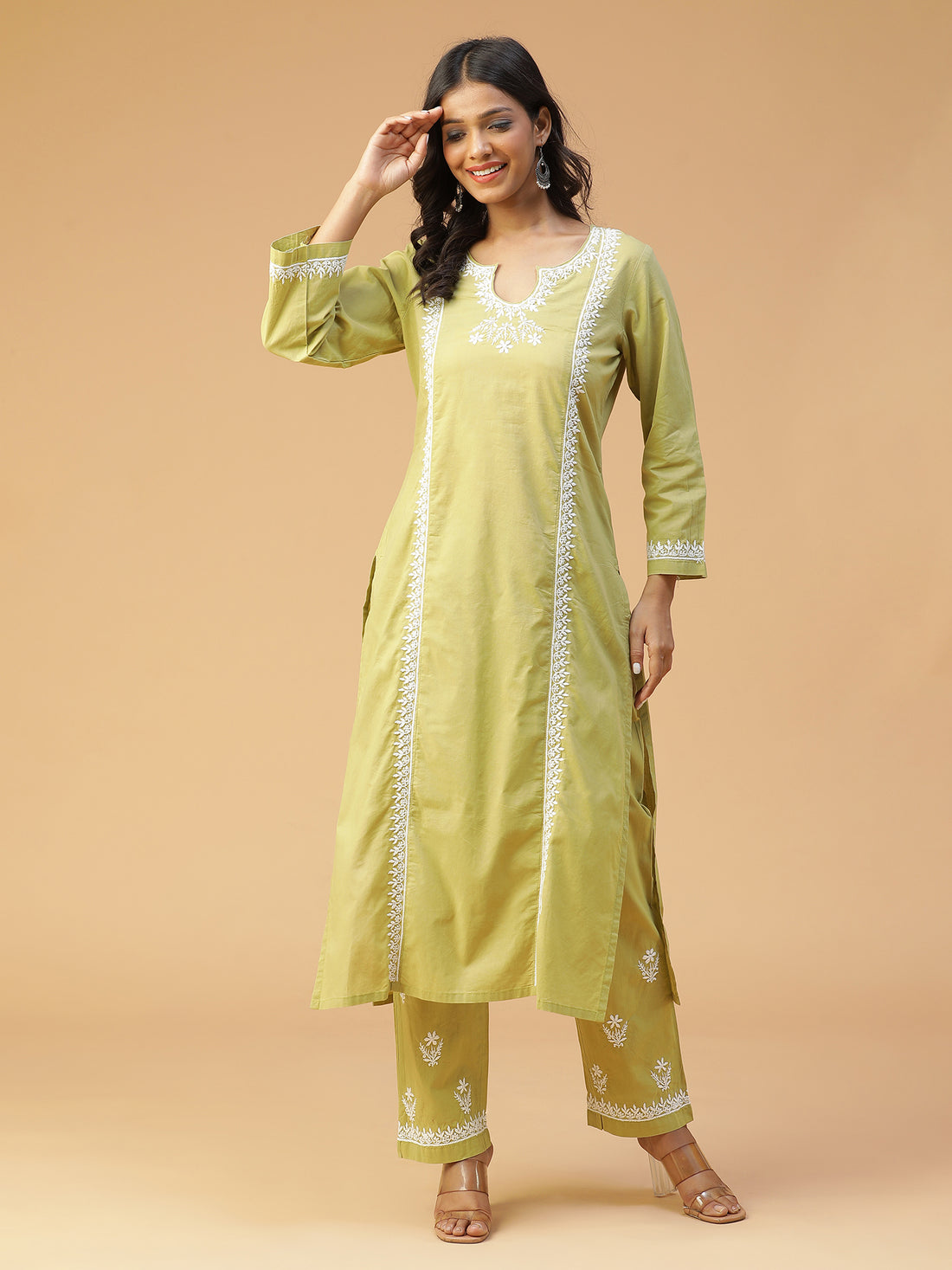 Soft and Comfortable Cotton Lucknow Chikankari Kurta Set in Olive Green