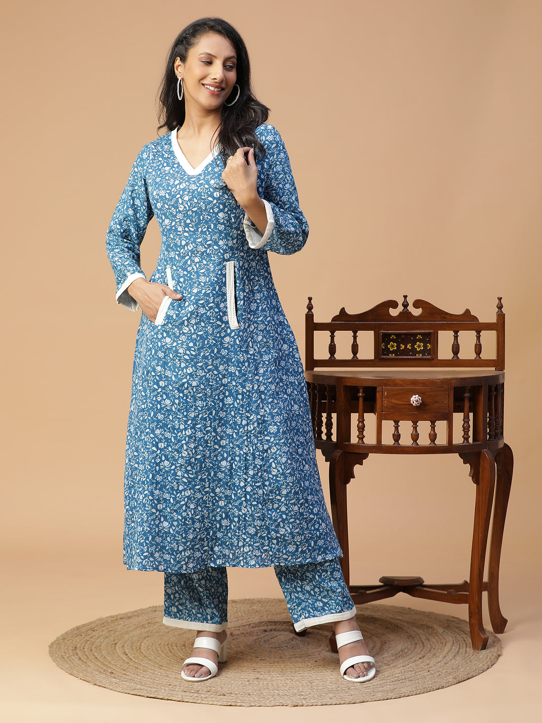 TEAL COTTON PRINTED KURTA SET