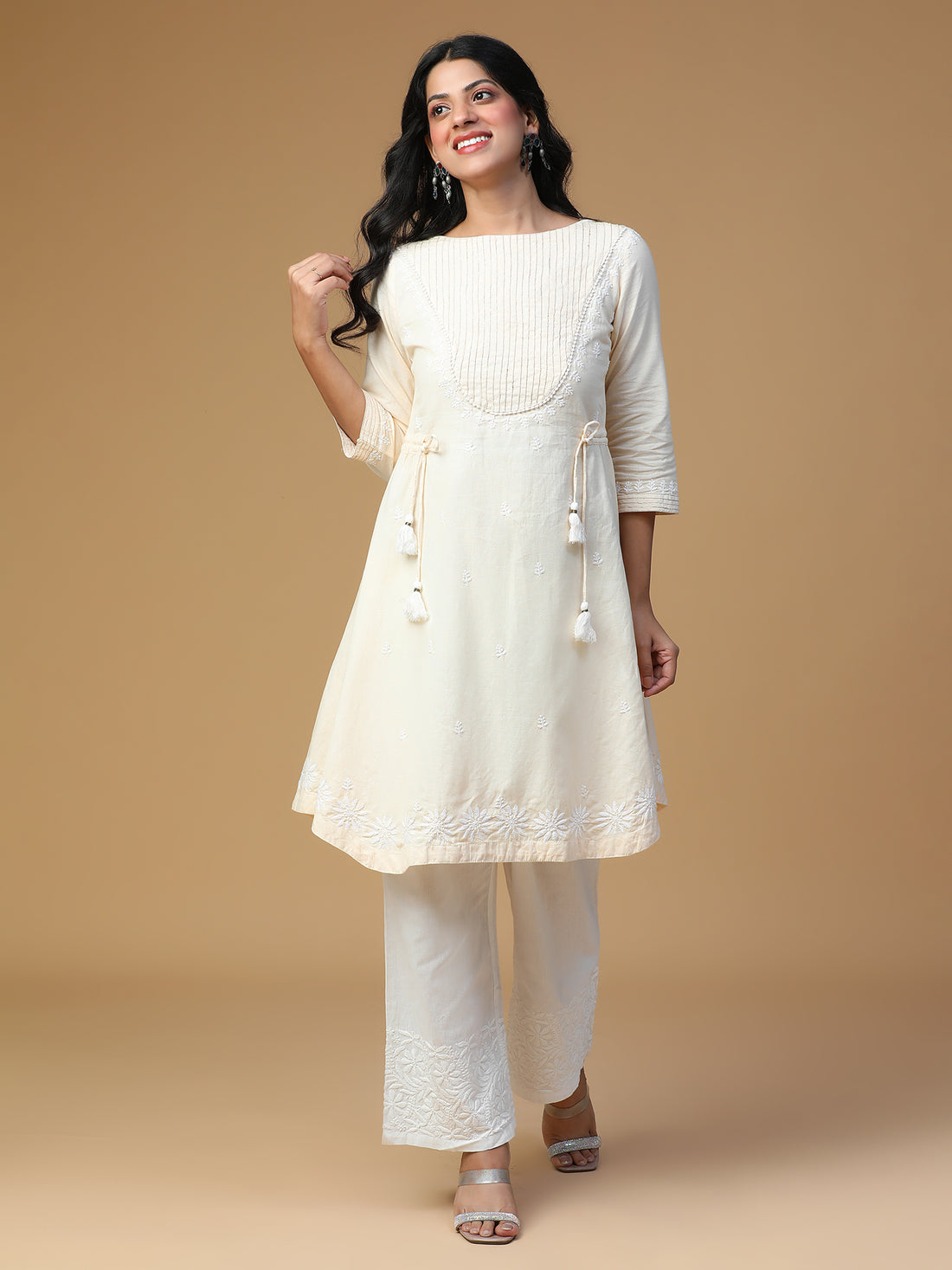 Semal Hand Embroidered Light Beige Cotton Linen Kasab Pintuck Lucknow Chikankari Tunic